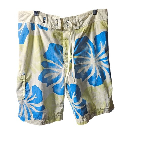 American Eagle Outfitters Mens Floral Swim Trunks 33 Blue & Yellow Hawaiian Prin - Picture 1 of 6